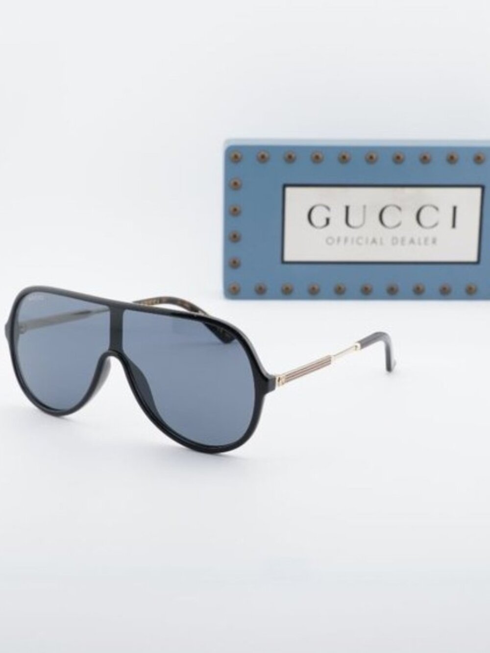 Gucci GG0199S 001 Shield Sunglasses - Shiny Black/Gold/Grey